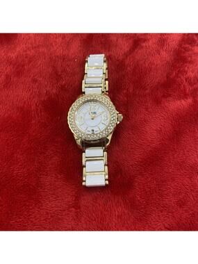Ladies Lanciani Ceramic White Gold Tone White Dial Rhinestones Analog Watch 29mm